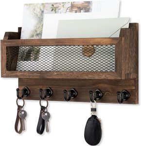 Porta Llaves y Correo Decorativo para Pared, Organizador de Llaves de Madera de 11 Pulgadas con 5 Ganchos, Estante de Almacenamiento para Montar en la Pared, Color Marrón - Product Image 6