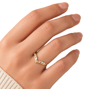 IGI Certified 10K 14K Solid Gold Marquise & Round Lab Created Diamond Chevron Ring V Shape Curved <b>Wedding</b> Band Minimalist Ring - Product Image 5