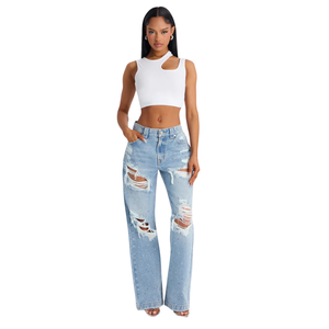 Women's Light Blue Rhinestone <b>Studded</b> Distressed Straight-Leg Jeans Casual Loose Fit Mid Waist Denim Pants - Product Image 1