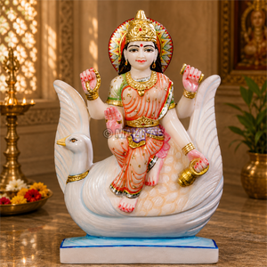 Premium Marble Brahmani Maa Statue | Handcrafted White Marble Brahmani Devi Murti on Swan | MALIYAS Jaipur - Product Image 1