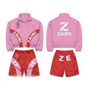 Ensemble court coupe-vent en taffetas de polyester 110 GSM de qualité supérieure, rose et rouge, avec design à panneaux incurvés et logo entièrement personnalisé par sublimation - Product Image 1