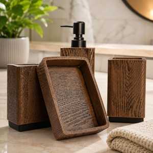 Ensemble de salle de bain en bois : porte-brosse à dents carré, distributeur de savon, gobelet, plateau – Accessoires de vanité minimalistes - Product Image 3