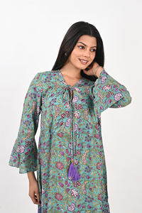 Robe élégante à imprimé floral style sari indien, col en V, manches longues, taille naturelle à nouer, décontractée, pour le quotidien, été, mode bohème - Product Image 5