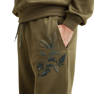 Pantalon de jogging en molleton français brodé vert olive de qualité supérieure, best-seller, en coton épais, bas de tenue tendance - Product Image 4