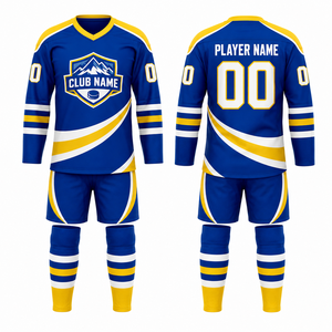 Ensemble de maillots de hockey personnalisés MEGAMAPLE, vêtements de sport pour hommes, noir, bleu, blanc, impression par transfert thermique, chauffe-mains, toutes saisons, 100% - Product Image 1