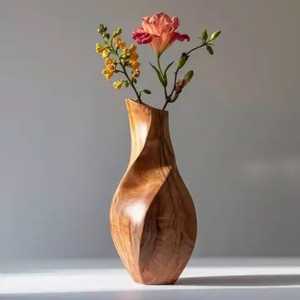 Vase à fleurs en bois artisanal, vase à bourgeons cannelé blanc, décoration de table en bois massif, récipient floral en bois rayé - Product Image 2