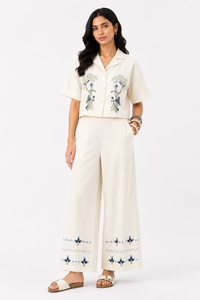 Off White Women's Two Piece Co-Ord <b>Set</b> | Floral Embroidered Short Sleeve Shirt & Wide Leg Pants - Product Image 3