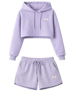 Conjunto de Sudadera Corta y Pantalones Cortos de Lavanda para Mujer con Bordado de Mariposa, Atuendo de Dos Piezas de Algodón Afelpado para Descansar, Fabricante Mayorista - Product Image 1