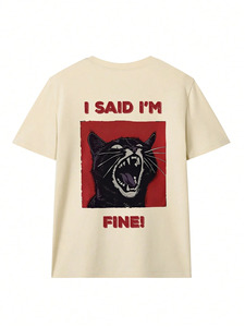 Women's Navy Blue O-Neck Short Sleeve <b>T</b>-Shirt With <b>Cat</b> Print And Red Text Loose Fit Casual Summer Top - Product Image 4