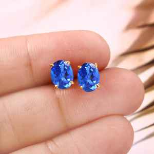 Cornflower <b>Blue</b> <b>Sapphire</b> Drop <b>Earrings</b> Oval 925 Sterling Silver 14K Gold Plated Luxury Party Jewelry for Women Gift - Product Image 5