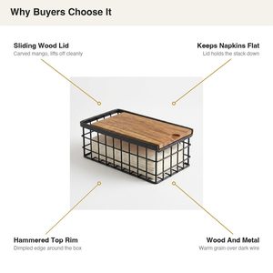 Porta Servilletas de Hierro Hecho a Mano de 22 cm con Tapa Deslizante de Madera Natural, Caja para Servilletas Peti Mango para Decoración del Hogar, Accesorio Decorativo para Mesa - Product Image 4