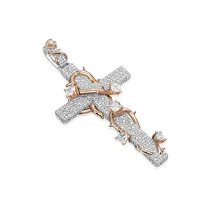 Colgante de Cruz de Plata de Ley Oro Rosa con Cadena de Cuerda y Circonitas Redondas Pavé, Joyería Unisex Cristiana de Moda Hip Hop para Fiesta - Product Image 1