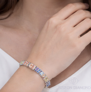 Multi color diamond tennis <b>bracelet</b> in 18K white gold princess cut lab grown diamonds vibrant spectrum contemporary luxury - Product Image 6