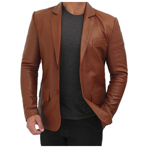 Men Brown Leather <b>Blazer</b> Single Breasted Notched Collar Regular Fit Casual Jacket - Product Image 1