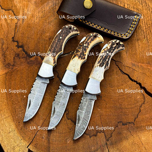 Cuchillo Plegable de Bolsillo de Acero de Damasco Hecho a Mano con Hoja de Punta Caída de 0.5mm de Grosor, Grado Industrial, con Bloqueo Trasero de Cuerno de Ciervo, EDC, Marca Privada, OEM - Product Image 3