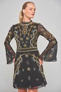 High Neck Flare Sleeve Embossed <b>Beaded</b> Sequin Illusion Evening Chiffon Sheer Floor Length Mermaid Gown Natural <b>Waist</b> - Product Image 3