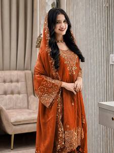 Ensemble Kurti Palazzo brodé marron avec dupatta, costume Salwar pour femme, tenue ethnique pour mariage et fête - Product Image 2
