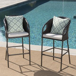 Set of 2 31\" Outdoor PE <b>Rattan</b> <b>Barstools</b> with Waterproof Cushions Multibrown Patio Furniture - Product Image 1