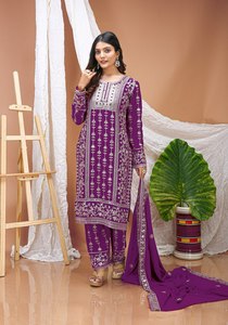 Ensemble Salwar en Georgette Violet Brodé pour Femme, Style Traditionnel Indien et Pakistanais, Tenue Décontractée, Coupe Classique, Longueur au Sol, Ensemble Complet - Product Image 2