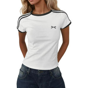Camisetas Cortas Personalizadas para Mujer, Estilo Y2K, Lindas, con Lazo Bordado, Estilo Coquette, Estética Clean Girl, Camisetas de Punto - Product Image 1