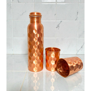 Pure Copper Water <b>Bottle</b> with Two Glass Hammered Design For Hydration Ayurveda Benefits Drinkware Outdoor <b>Bottle</b> With Packaging - Product Image 3