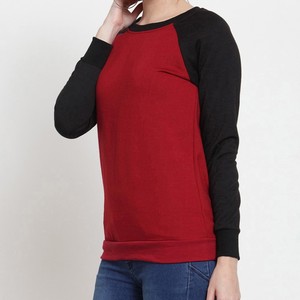 Sweat-shirt à manches raglan rouge et noir pour femme, col rond, couleur unie, tricoté, manches longues, vêtements d'automne - Product Image 3