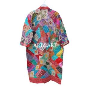 Robe Kimono Courte Vintage Chic en Kantha Brodé, Manteau Indien pour Femme Été Hiver, Manches Longues Matelassé 100% Coton Col en V - Product Image 5