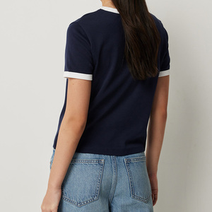 Camiseta de Manga Corta con Cuello Redondo y Ribete en Contraste para Mujer, Color Azul Marino, Estampado con Logotipo, 100% Algodón Orgánico Ecológico, Marca BE DOT - Product Image 3