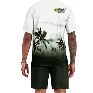 ชุดเสื้อยืดและกางเกงขาสั้นผ้าถักพิมพ์ลายสำหรับผู้ชาย ชุดกีฬาลำลองระบายอากาศได้ดี ชุดสองชิ้น - Product Image 4