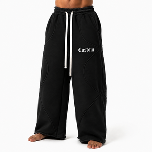 Pantalones Deportivos Modernos de Pierna Ancha con Paneles Curvos, 100% Algodón, Felpa Gruesa, Cintura con Cordón Ajustable, Estilo Casual para Uso Diario - Product Image 3