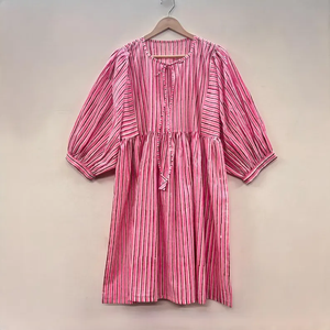 Vestido Casual Midi de Algodón Tejido con Estampado Floral para Mujer, Mangas Abullonadas, Cintura Imperio, Estilo Babydoll, Cuello en V, Corte Holgado - Product Image 1