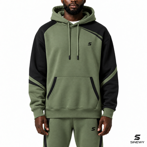 Sudadera con Capucha Unisex SINEWY, 100% Algodón, Talla Grande, Forrada, Diseño a Cuadros, Transpirable, Verde y Negro, Bloques de Color, Manga Regular - Product Image 1
