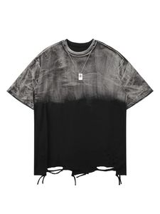 Camiseta de punto de algodón oversize para hombre con efecto tie-dye, diseño degradado con logo frontal y bajo desgarrado, estilo streetwear - Product Image 1