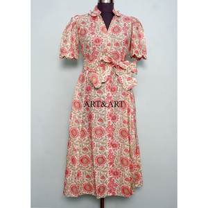 Vestido Midi de Verano para Mujer, Estampado Bohemio, Colorido, de Algodón Puro, Manga Corta, Corte en A, Estilo Vintage, Floral - Product Image 1