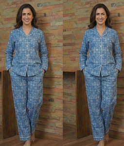 Conjunto de Pijama de Algodón para Mujer, Tejido Térmico, Estampado a Mano con Bloques de Índigo, Corte Cómodo y Relajado, Ropa de Dormir - Product Image 4