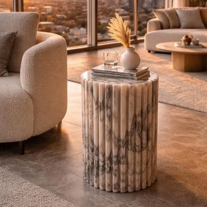 Table d'appoint en marbre naturel de luxe à surface cannelée |   Table d'appoint ronde en pierre sur piédestal |   Table d'appoint moderne en marbre pour la décoration du salon - Product Image 1