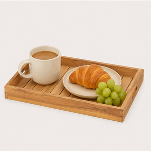Bandeja de servir hecha a mano de madera de teca maciza, premium, ecológica, rectangular grande, con asas empotradas para el hogar. - Product Image 2