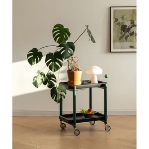 Chariot de service moderne en métal, forme rectangulaire, design minimaliste, finition durable avec revêtement en poudre, cadre vert, étagères noires - Product Image 2