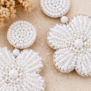 Rizir Fashion Handmade Imitation Pearl <b>Plastic</b> Bohemian 14K Gold Plated White <b>Beaded</b> Flower Dangle Earrings Women Bridal Party - Product Image 3