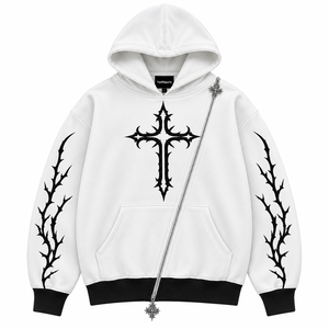 <b>Men's</b> Gothic Hoodie 400 GSM Heavyweight Cotton <b>Fleece</b> <b>White</b> Black Gothic Print Custom Embroidery Print Logo OEM ODM - Product Image 1