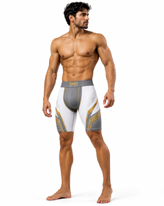 Custom Men Compression Shorts White Gold Sports Base Layer Gym Running Fitness Training Tights OEM Private Label Manufacturer - Product Image 4