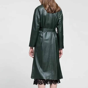 Gabardina Midi Verde de Cuero Genuino, Transpirable y Resistente al Viento, con Cinturón y Ribete de Encaje, Estilo Minimalista, Ropa Exterior Unisex de Invierno - Product Image 2