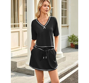 Ensembles 2 pièces pour femmes : Hauts décontractés à manches courtes et jupes assorties avec cordon de serrage – Idéal pour sortir ou se détendre - Product Image 6