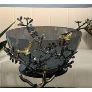 Bol en métal de qualité supérieure avec motif d'oiseaux et de branches dorés, plat de service décoratif oriental pour centre de table à la maison - Product Image 1