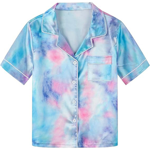 Conjunto de Pijama de Satén Tie Dye para Mujer, Manga Corta, Botones al Frente, Ropa de Dormir Informal de Verano, Pantalones Cortos de Talle Medio, Conjunto de 2 Piezas - Product Image 3