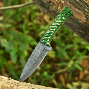 Couteau de chasse fixe en acier Damas, lame droite, manche en résine verte, pleine longueur, pointe tombante, pour camping, avec étui en cuir, offre OEM - Product Image 5