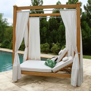 Lit de repos extérieur moderne en teck massif, résistant aux UV, avec auvent, pour hôtel et villa, mobilier de luxe artisanal - Product Image 1