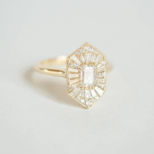 Lab Grown Diamond Art Deco Ring Yellow <b>Gold</b> Baguette Halo Emerald Cut Bridal Ring <b>Top</b> Main Keywords: - Product Image 5