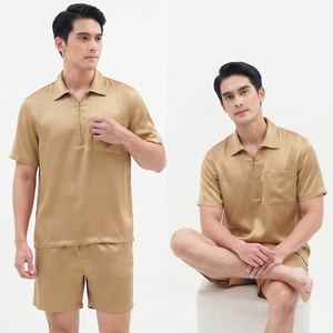 ชุดเสื้อเชิ้ตผ้าไหมแขนสั้นสำหรับผู้ชาย คอปกเสื้อแบบพับได้ ชุดนอนผ้าซาตินพร้อมกระเป๋า ชุดนอนฤดูร้อนสำหรับผู้ชาย - Product Image 6