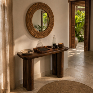 Niwara Bisoepo Indonesia Solid Suar Wood Oval <b>Console</b> <b>Table</b> Walnut Finish Cylinder <b>Leg</b> Sculptural Design Living Room Hallway - Product Image 6